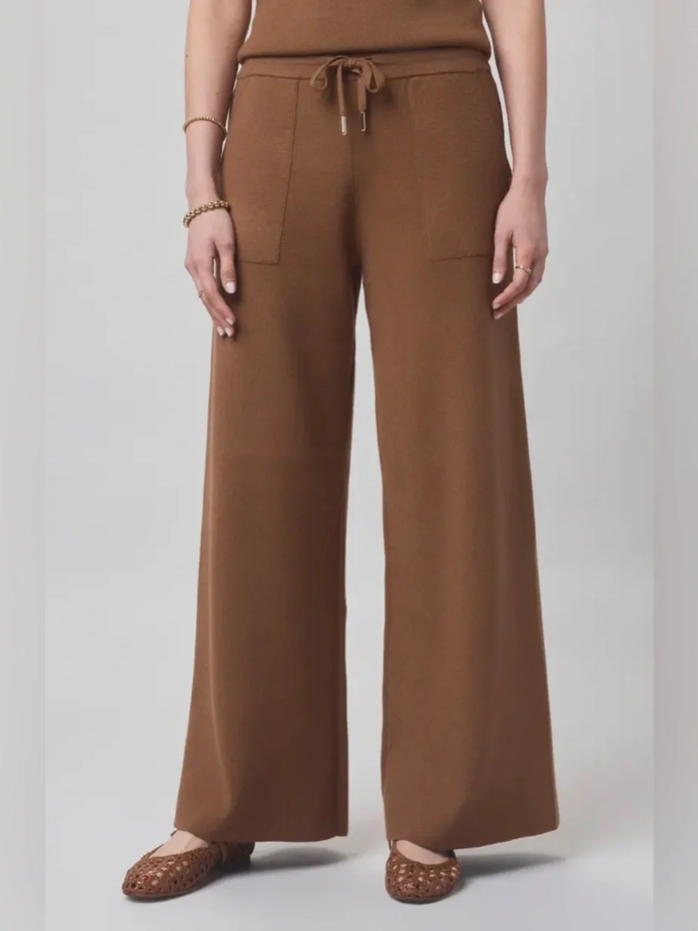 Amazon High-Rise Wide-Leg Drawstring Knit Lounge Pants Coffee Brown NWOT Small - Picture 10 of 10